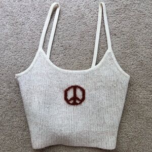 Small Off-White Knit Tank Top w Brown Peace Symbol